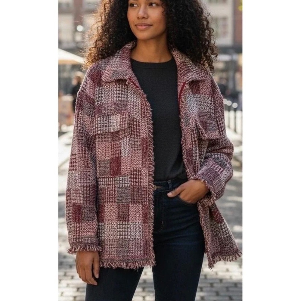 Zara Pink Metallic Tweed Plaid Fringe Belted Shirt Jacket Size M NWT - Picture 2 of 13